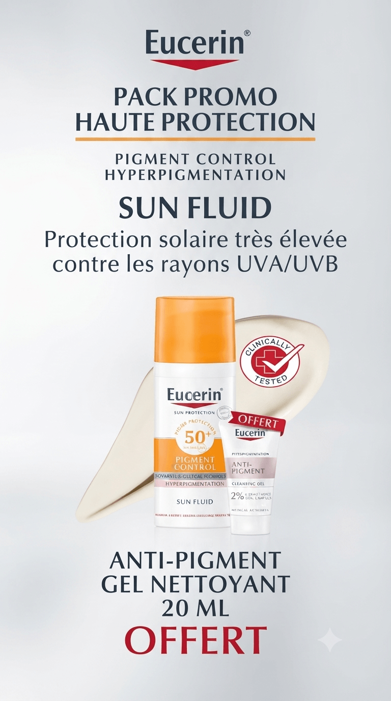 Eucerin Sun Fluid Pigment Control 50+ et Gel Nettoyant offert - Pack Promo
