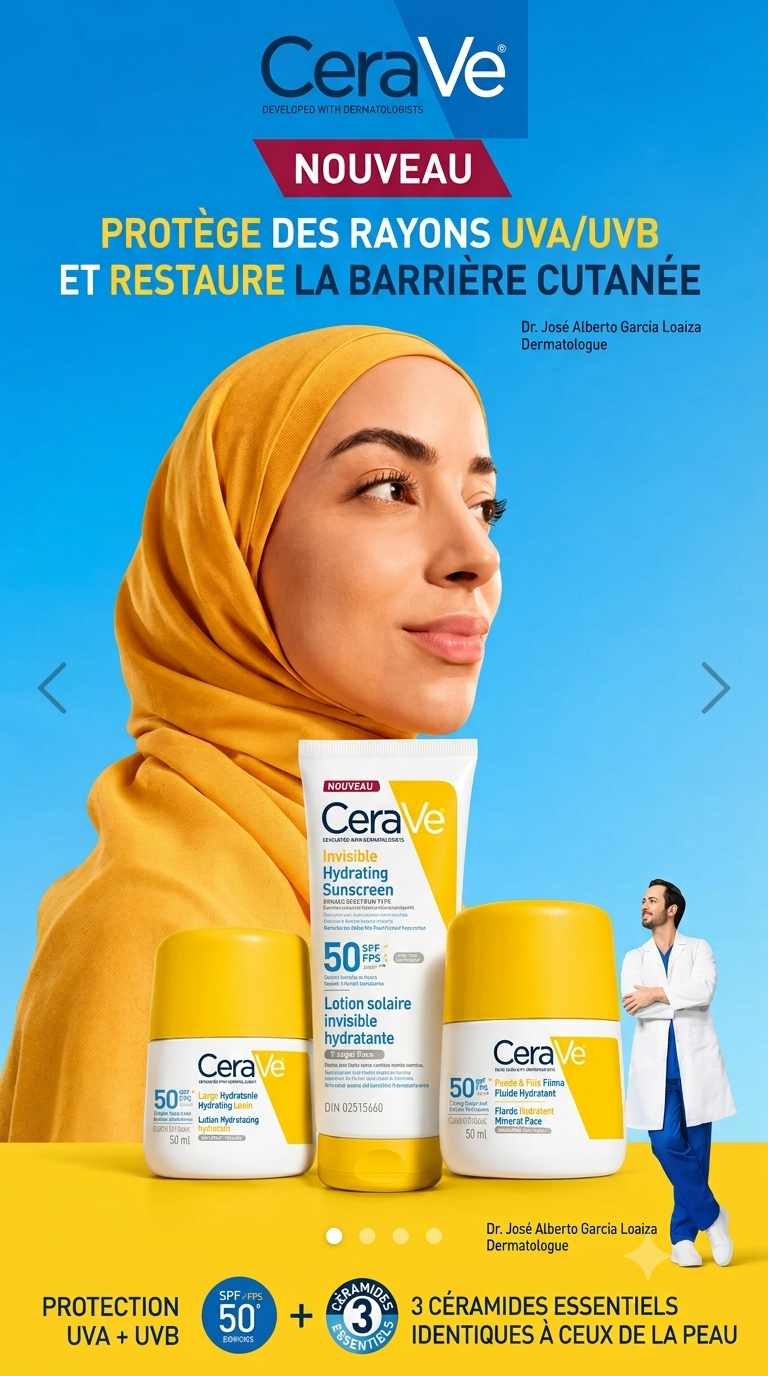 CeraVe crème solaire hydratante invisible visage SPF 50 - Gamme de protection solaire CeraVe